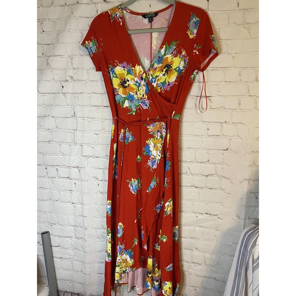 Ralph Lauren Dress Size Small Red Floral Faux Wrap Short Sleeve Ruffle Stretch